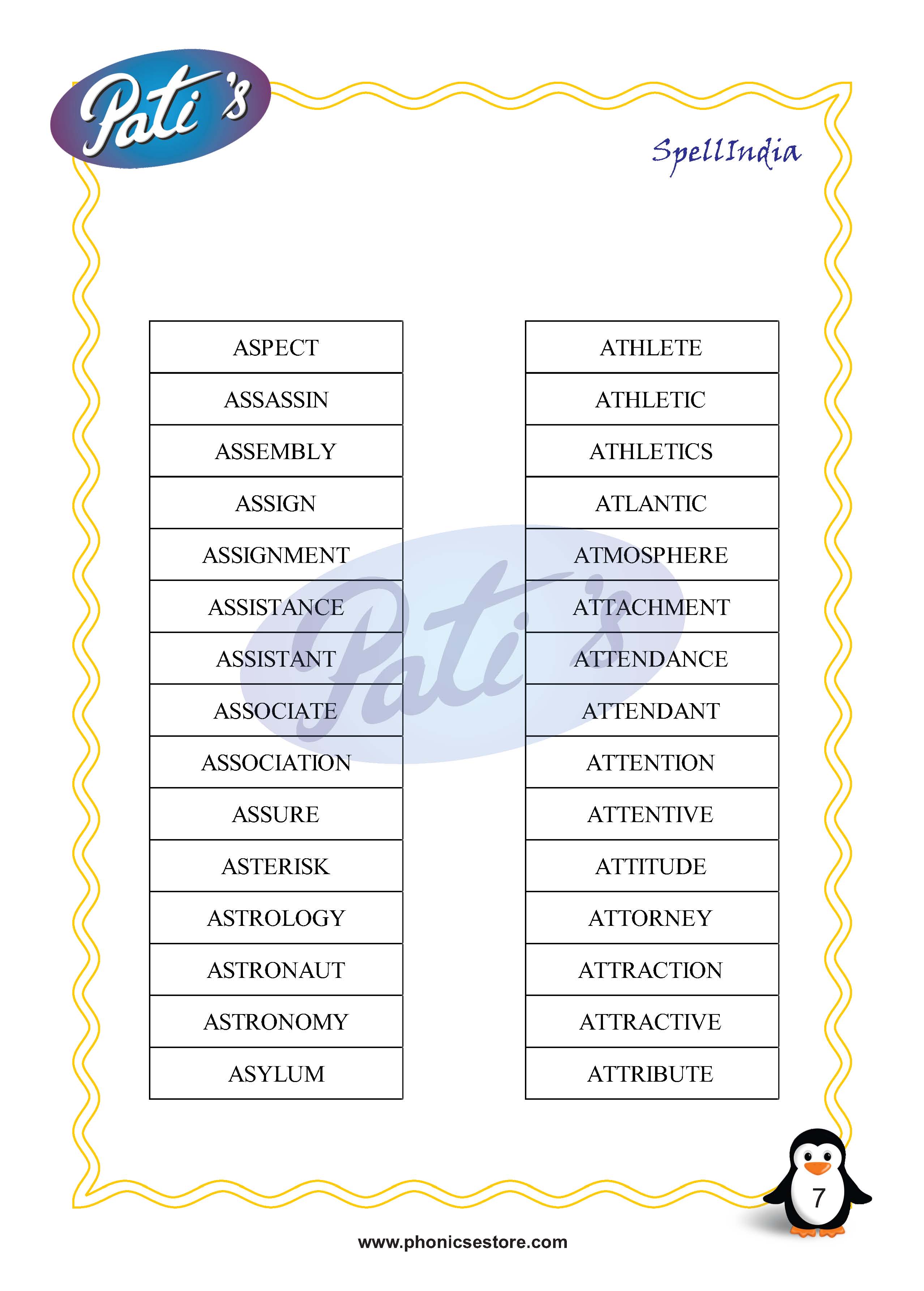 Pati Spelling Bee word list Class 5 Grade 5